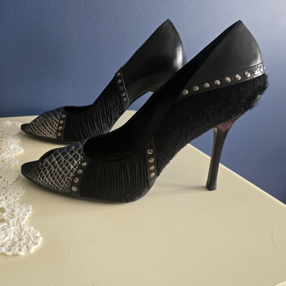Black and Silver Stiletto Heels with Studded Detail